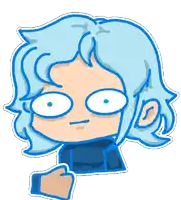 a cartoon drawing of a person with blue hair and white eyes