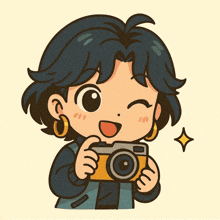 a cartoon drawing of a girl holding a camera and winking