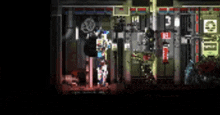 a pixel art drawing of a room with a sign that says ' nl ' on it