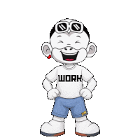 a cartoon character is wearing a white shirt that says work