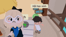 a girl with glasses is standing next to a boy with the name peter pb79 on the screen