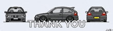 a drawing of a car with the words thank you underneath it
