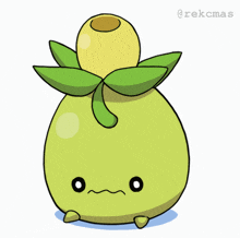 a cartoon drawing of a pear with leaves and a yellow top