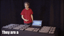 a man in a red shirt is standing in front of a keyboard with the words they are a bodge