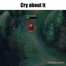 a cartoon character is walking through a dark forest with the words `` cry about it '' written on the bottom .