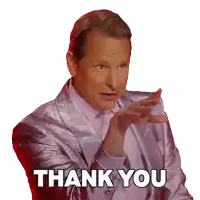 a man in a silver suit says thank you with his hand