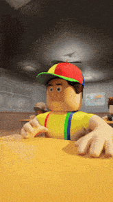 a cartoon character wearing a colorful hat sits at a desk in a classroom