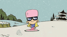 a boy and a girl are playing in the snow and the girl is wearing sunglasses