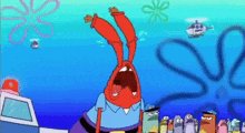 a cartoon character from spongebob squarepants is screaming in front of a crowd of fish .