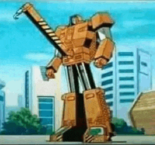 a cartoon robot is standing in front of a city with a crane on its arm .