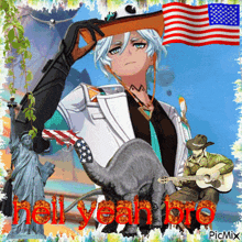 a picture of a statue of liberty a cowboy and a dinosaur with the words hell yeah bro