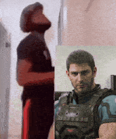 a man standing next to a picture of a man in a military uniform that says r.p.d.