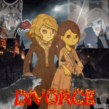 a picture of a couple with the word divorce in red