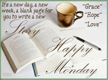 a happy monday greeting card with a book and a cup of coffee