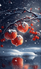 a tree branch with red apples covered in snow and berries