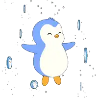 a blue and white penguin surrounded by bubbles on a white background