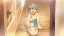 a girl with blue hair and a white kimono is kneeling down and giving a peace sign