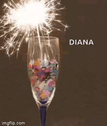 a happy birthday card for diana with a glass of champagne and a sparkler .