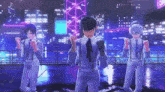 a group of anime characters are dancing in front of a city skyline