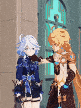 a couple of anime characters standing next to each other with stormz67 written on the bottom