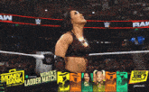 a woman in a wrestling ring with the words " women 's ladder match " on the bottom