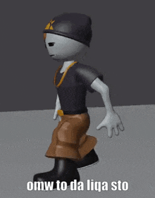 a cartoon character is walking with the words omw to da liqa sto written below him .