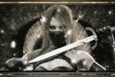 a woman in a mask holds a sword in her hand