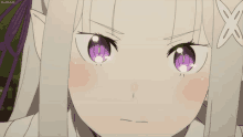 a close up of a girl 's face with purple eyes and the word anime on the bottom right