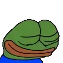 a cartoon frog with a blue shirt on is smiling and looking down .