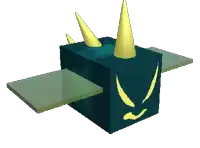 a blue cube with yellow horns on top of it