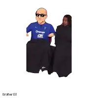 a cartoon of a man wearing a blue shirt that says orange on it