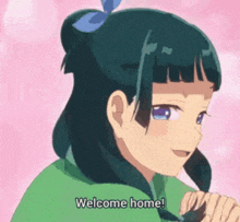 a girl with green hair and blue eyes is saying welcome home