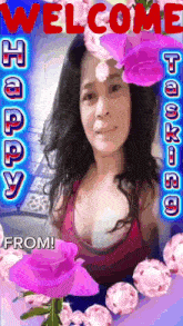 a woman is surrounded by purple roses and says welcome happy from