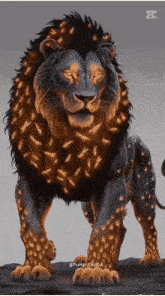 a lion with a glowing mane is standing on the ground