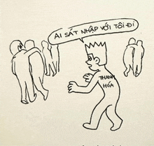 a black and white drawing of a man with a speech bubble saying ai sat nhap voi toi di