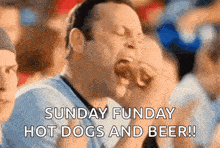 a man is eating a hot dog with the words sunday funday hot dogs and beer written below him