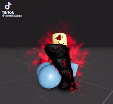 a roblox character is standing next to a blue ball with red smoke coming out of his mouth .
