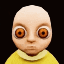 a baby with a bald head and big eyes is wearing a yellow shirt and making a funny face .
