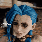 a cartoon character with blue hair has a tiktok icon above her
