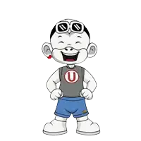 a cartoon character wearing sunglasses and a shirt with the letter u on it