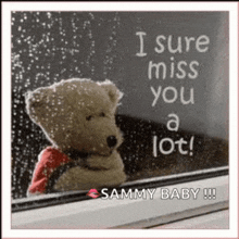 a teddy bear is looking out a window with the words " i sure miss you a lot " written on it
