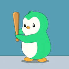 a cartoon of a green penguin with a red beak
