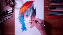 a drawing of a person 's face with colored pencils and pens