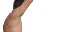 a man without a shirt is standing with his arm up