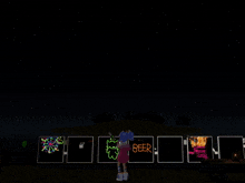 a girl stands in front of a fireworks display that reads beer