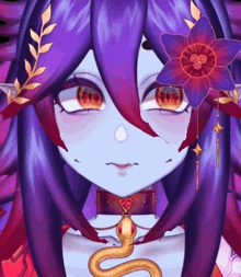 a close up of a purple haired anime girl with a snake around her neck .