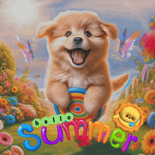 a painting of a puppy with the words hello summer on it