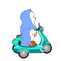 two penguins are riding a blue scooter together