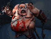 a cartoon character with blood on his body is holding a sword