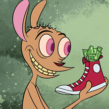 a cartoon character is holding a red shoe with money inside